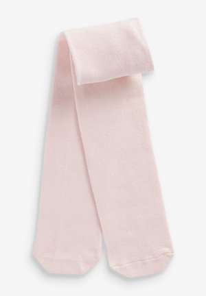 Helle rosa Strumpfhosen aus strukturiertem Stoff, mit einem gefalteten Bund und runden Füßen, in flacher Position präsentiert.