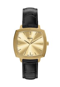 Montre carrée dorée avec une lunette texturée et un bracelet en cuir noir à motif crocodile. Comprend des index et des aiguilles simples pour les heures.