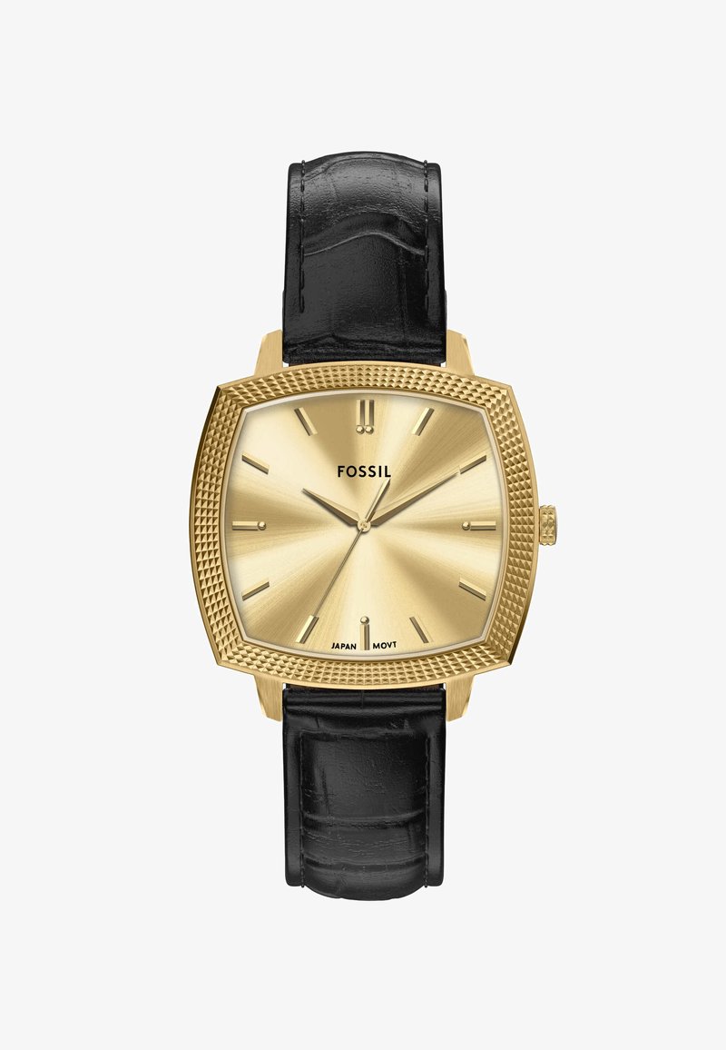 Goldfarbener quadratischer Uhr mit strukturiertem Gehäuse und schwarzem Lederarmband im Krokodilmuster. Verfügt über einfache Stundenmarkierungen und Zeiger.