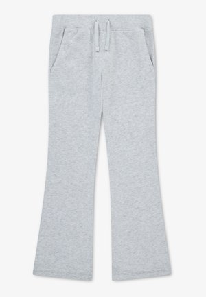 Pantalon de survêtement gris clair avec taille à cordon, deux poches latérales et jambes légèrement évasées, présenté sur fond blanc.
