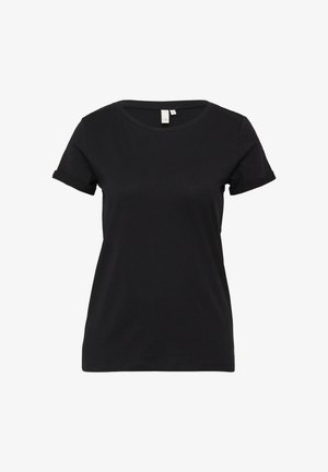 Melnas kokvilnas T-krekls ar īsām piedurknēm, apaļu kakla izgriezumu un sarullētām piedurknēm. Maiga tekstūra, minimāls dizains, bez redzamām zīmēm vai rakstiem.