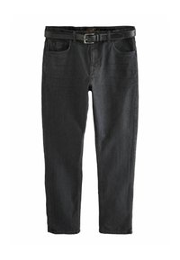 Jeans de denim negro con corte recto, que incluyen un cinturón negro, cinco bolsillos y una textura suave.
