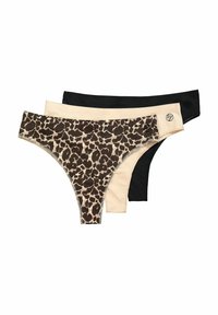 Kolme paria naisten stringejä: yksi leopardikuosisena ruskeassa ja beessissä, yksi beige, ja yksi musta. Silkkinen kangas ja joustavat vyöt.