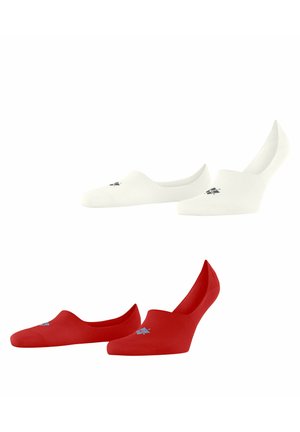 Zwei Paar unsichtbare Socken, eines weiß und eines rot, jeweils mit einem kleinen blauen Logo oben, nebeneinander dargestellt.