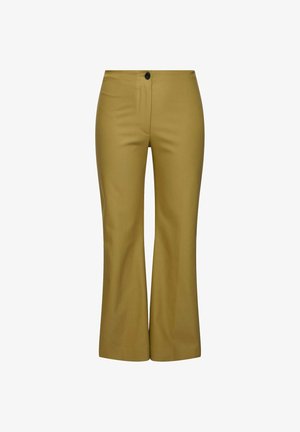 Høj talje bukser i sennepsfarve med flare-form, lavet af glat stof; har en frontlomme og en enkelt knaplukning.