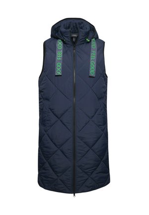 Dunkelblauer ärmelloser Daunenwesten mit Kapuze, ausgestattet mit einem rautenförmigen Steppmuster und neongrünen "GOOD FEEL GOOD" Trägern auf den Schultern.