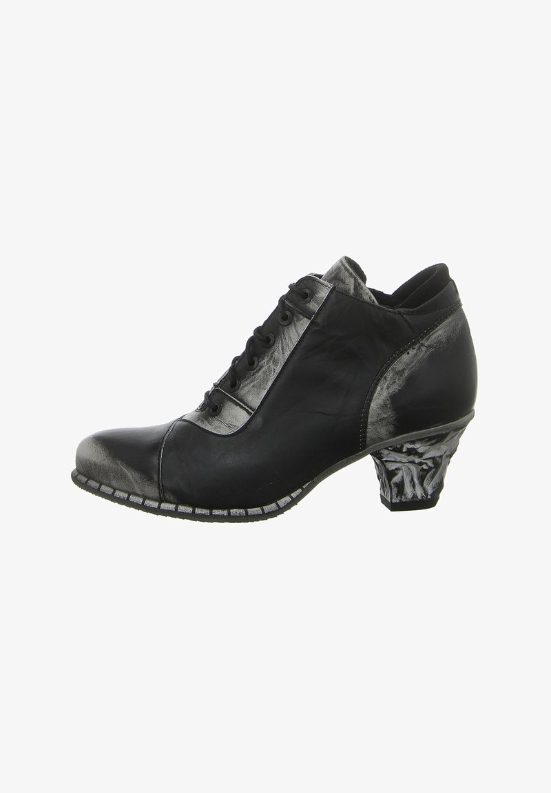Black and metallic grey ankle boot with a rounded toe, textured leather, lace-up front, and a uniquely shaped block heel.