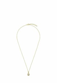 Collar de cadena de oro con un colgante en forma de lágrima que tiene una piedra clara y brillante. La cadena incluye un cierre ajustable para la longitud.