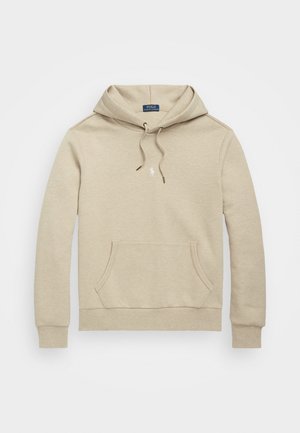 Beige Polo Ralph Lauren -huppari, jossa etutasku, kiristysnauhallinen huppu ja pieni valkoinen kirjailtu logo rinnassa keskellä.