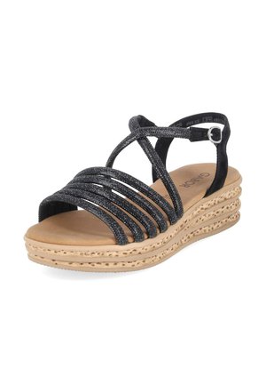 Schwarze Keilsandale mit Riemchen, funkelnden Riemchen, Knöchelriemen, gepolstertem braunem Fußbett und strukturierter, geschichteter beiger Sohle.