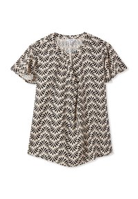 Blusa a maniche corte color crema con motivo floreale nero, dotata di una patta con bottoni e una vestibilità rilassata con orlo curvato.