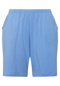 Ljusblå shorts gjorda av mjukt tyg, med resårmidja och sidofickor. Rakt snitt med en slät yta.