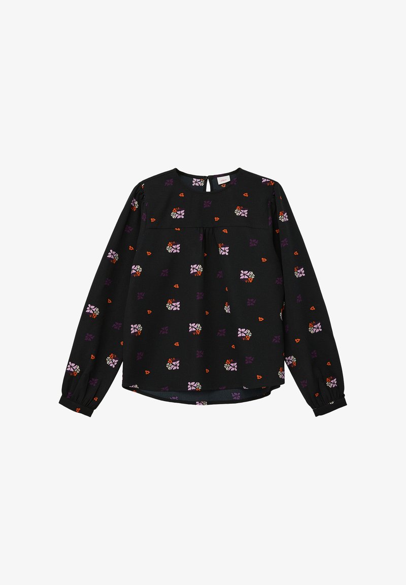 Blouse noire à manches longues avec un col rond, ornée d'un motif floral en violet, orange et blanc sur un tissu léger.
