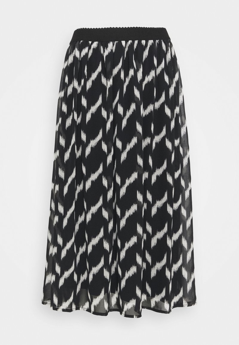 Jupe midi noire et blanche avec ceinture élastique, tissu transparent et motif abstrait en zigzag sur toute la surface.