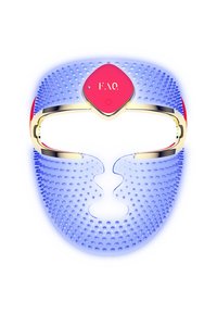 LED facial mask with a textured blue silicone surface, gold accents, and a red control panel in the center. Features eye and mouth openings.
