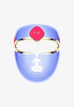 LED facial mask with a textured blue silicone surface, gold accents, and a red control panel in the center. Features eye and mouth openings.
