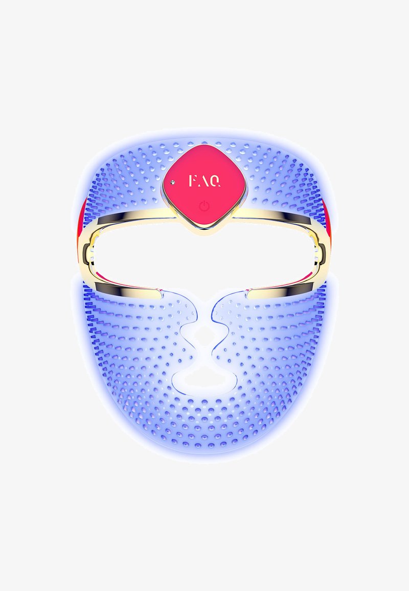 LED facial mask with a textured blue silicone surface, gold accents, and a red control panel in the center. Features eye and mouth openings.