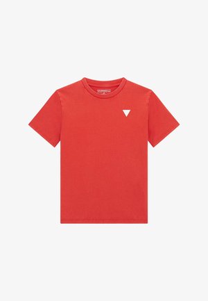 Red cotton t-shirt with a round neck, short sleeves, and a white triangular logo accent on the left chest. Smooth texture and simple design.