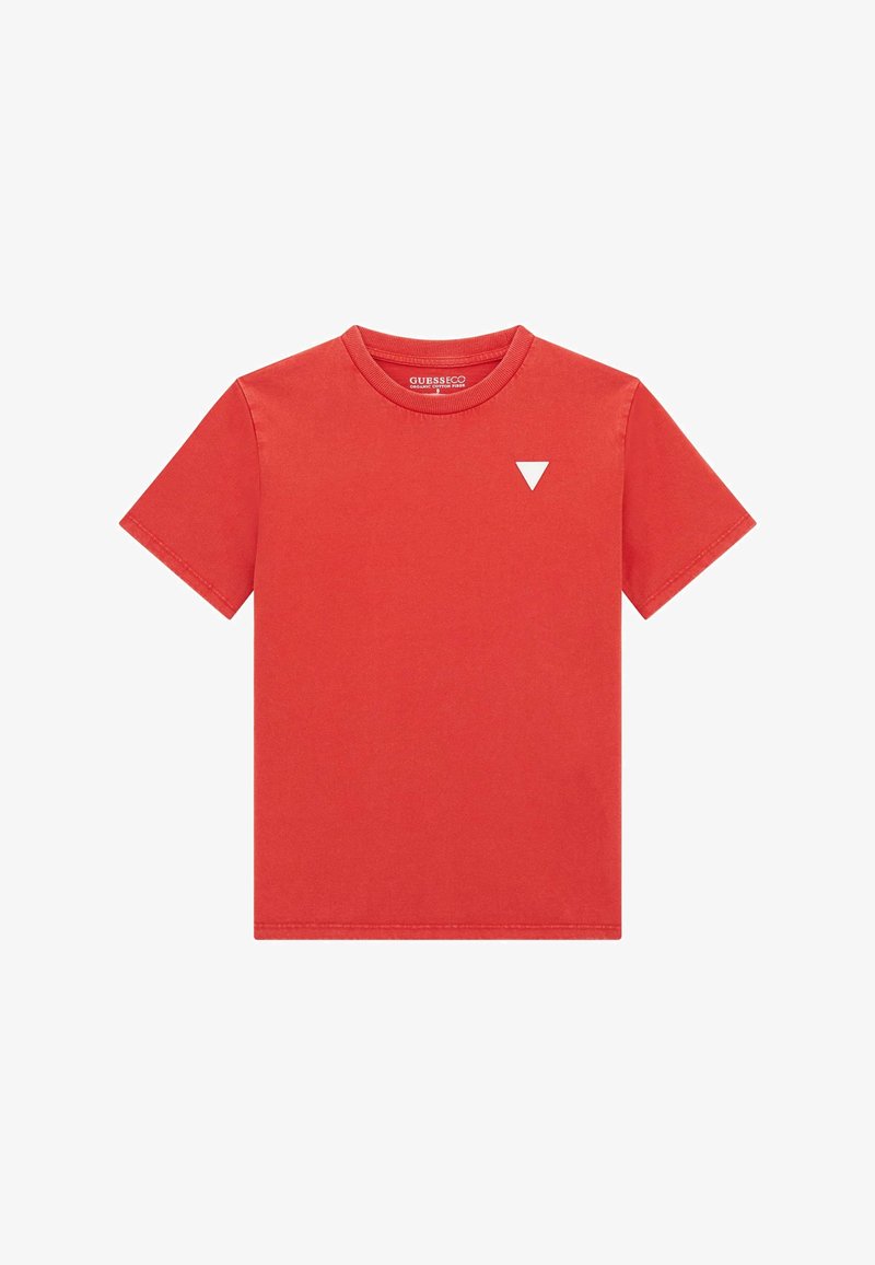 Red cotton t-shirt with a round neck, short sleeves, and a white triangular logo accent on the left chest. Smooth texture and simple design.