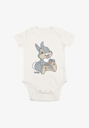 White baby onesie featuring a cartoon rabbit with gray fur, pink accents, and a smiling expression. Includes a "Bambi" logo at the bottom.