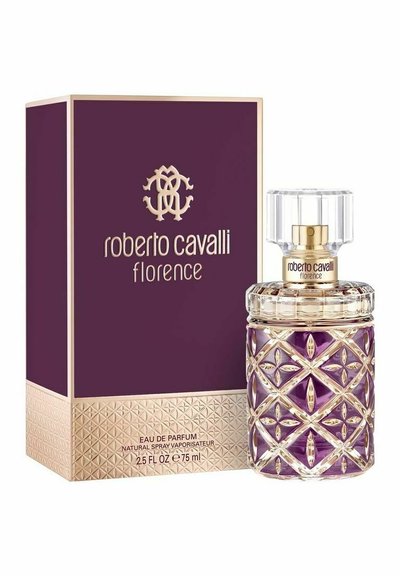Roberto Cavalli Florence -parfyymi on selkeä lasipullo, jossa on violetti pohja, monimutkainen timanttikuvio ja kultaisin yksityiskohdin varustettu korkki. Pakkaus on tumma violetti.