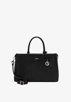 Black leather handbag with dual handles and detachable shoulder strap. Features logo hardware and a smooth texture with minimalist design.