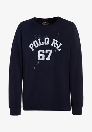 Navyblaues Langarmshirt mit weißem "POLO RL 67"-Schriftzug und kleinen Farbspritzern auf der Vorderseite.