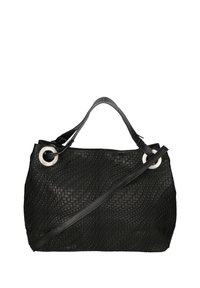 Borsa a tracolla intrecciata nera con superficie testurizzata, dotata di accessori circulari in argento e duplice manico nero per diverse opzioni di trasporto.