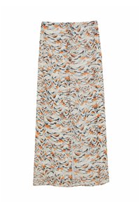Falda midi floral con un patrón de remolino en naranja, gris y blanco; textura suave con una abertura frontal y cierre de botones.
