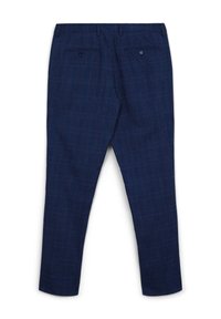Marineblaue Hose mit Karomuster, aus strukturiertem Stoff. Verfügt über zwei Gesäßtaschen mit Knopfverschlüssen und ein schmal zulaufendes Bein.