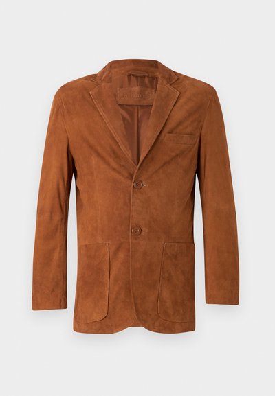 Brown suede blazer with a notched collar, two front pockets, and two buttons, featuring a smooth texture and tailored fit.
