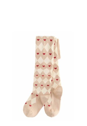 Chaussettes montantes beige clair avec un motif en losanges, ornées de petits cœurs rouges. Texture douce, matériau élastique pour le confort.