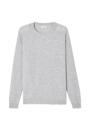 Svijetlosivi pulover dugih rukava s okruglim izrezom, s rebrastim manšetama i rubom, prikazan ravno na bijeloj pozadini.