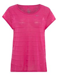 Růžové tričko Nike Dri-FIT s krátkými rukávy, volným střihem a jemně pruhovanou texturou. Lehce a prodyšný materiál vhodný pro sport.