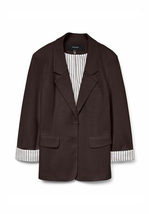 Hnědý blazer se strukturovaným klopem, dvěma předními kapsami a zapínáním na knoflíky. Vnitřní podšívka má vzor s bílými a černými pruhy.
