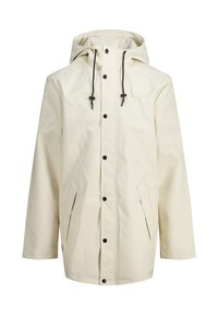 Chaqueta resistente al agua en color off-white, con capucha, cordones negros, cierre de botones en la parte frontal y dos bolsillos laterales. Textura suave.