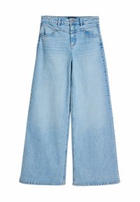 Wide-leg light blue denim jeans with a high waist, featuring front pockets and a faded finish. Fabric has a subtle texture, with visible stitching.