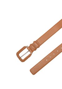 Brauner Leder-Gürtel mit strukturiertem Riemen und geflochtenem Metallverschluss. Verstellbar mit mehreren Löchern für die Größenanpassung.