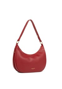 Borsa a spalla in pelle rossa con silhouette curvata, dettagli in hardware dorato e chiusura con zip. Presenta una texture liscia e un delicato dettaglio con logo.