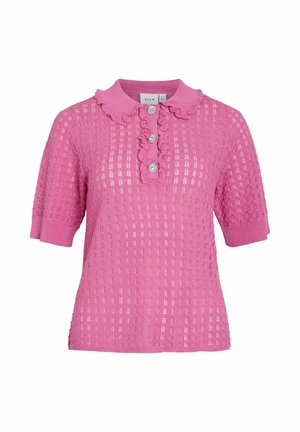 Roosa lühikeste varrukatega kootud topp avatud koemustriga, kroogitud krae ja kolme dekoratiivse nööbiga esiplaadil.