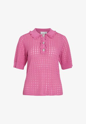 Rózsaszín rövid ujjú kötött felső nyitott szövésmintával, fodros gallérral és három díszgombbal az elülső patkón.