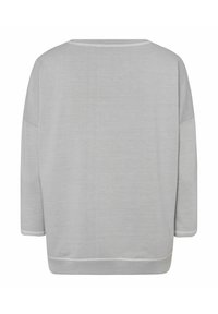 Sweat-shirt gris clair à manches longues avec un col rond et des poignets et ourlet côtelés, vu de dos.