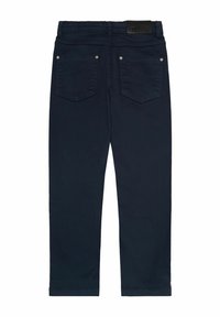 Tumed sinised denim püksid sirge lõikega. Omavad kahte tagataskut ja nahkrihma. Sile tekstuur ilma nähtavate mustriteta.