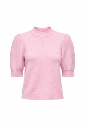 Pull court rose avec un col montant côtelé et des manches bouffantes. Présente de petits accents décoratifs en forme de perles sur le devant. Texture douce.