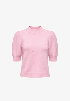 Pull court rose avec un col montant côtelé et des manches bouffantes. Présente de petits accents décoratifs en forme de perles sur le devant. Texture douce.