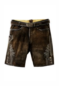 Pantalones cortos de ante marrón con bordados decorativos a los lados, botones de metal y un cinturón a juego con una hebilla detallada.