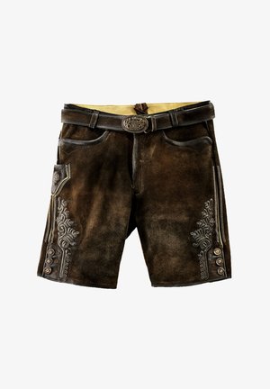 Braune Wildledershorts mit dekorativer Stickerei an den Seiten, Metallknöpfen und einem passenden Gürtel mit einer detailreichen Schnalle.
