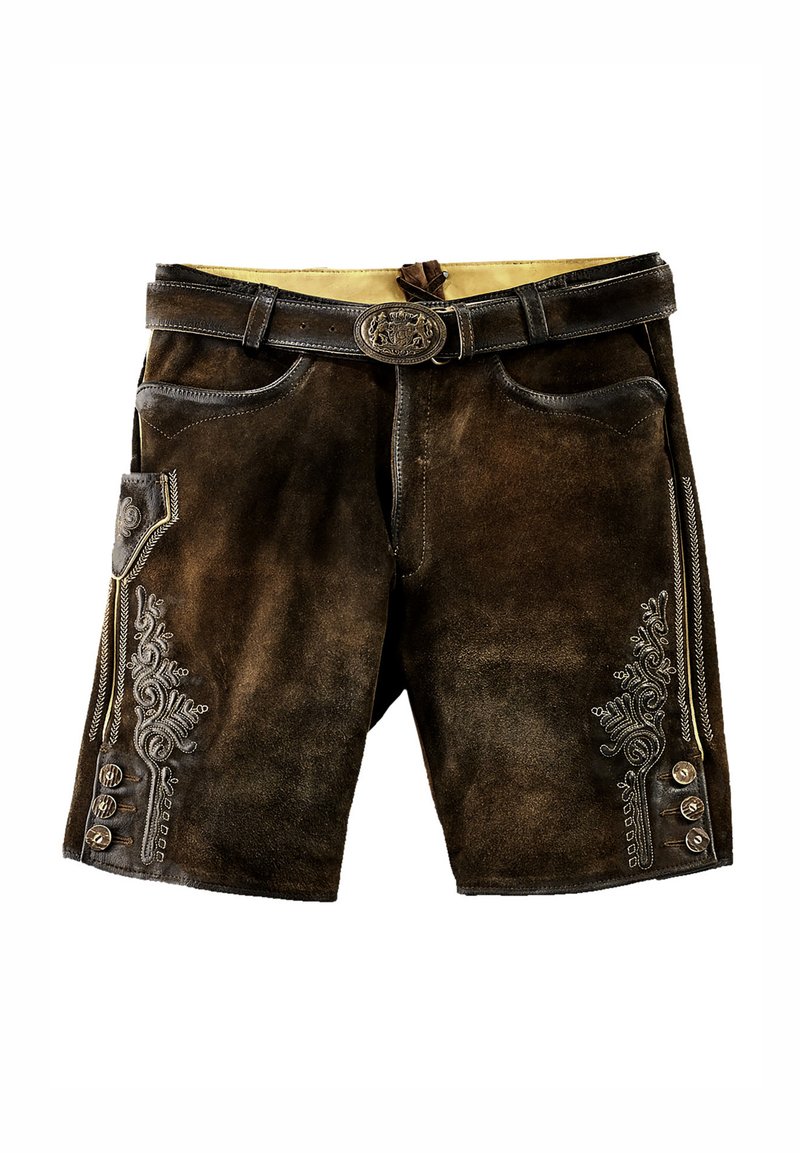 Pantalones cortos de ante marrón con bordados decorativos a los lados, botones de metal y un cinturón a juego con una hebilla detallada.
