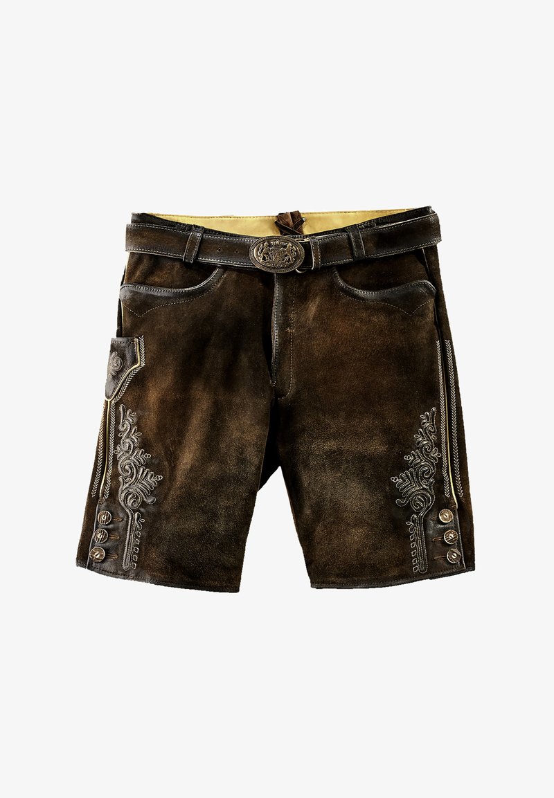 Pantaloni corti in suede marrone con ricami decorativi sui lati, bottoni metallici e una cintura coordinata con una fibbia dettagliata.