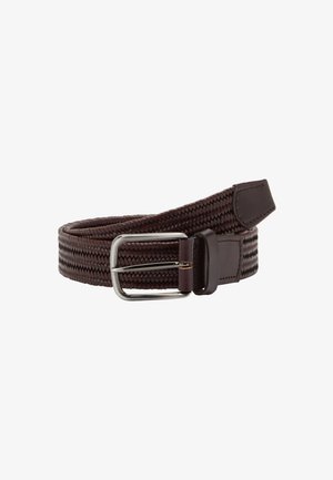 Geflochtener brauner Leder-Gürtel mit einer silbernen Metallschnalle. Verfügt über ein strukturiertes Muster und glatte Lederelemente an den Enden.